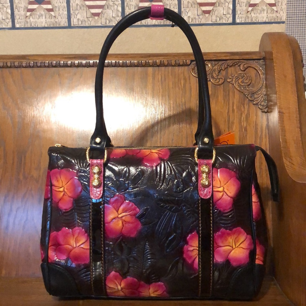 NWT-Marino Orlandi-Embossed Leather Satchel-Black-Tropical 🌺 Flowers-Italian 🇮🇹